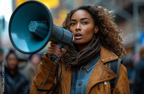 woman holding megaphone during protest outside of tantan studios