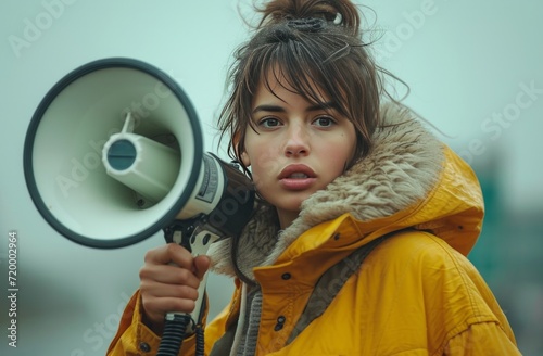a woman holding a megaphone and protesting street signs,