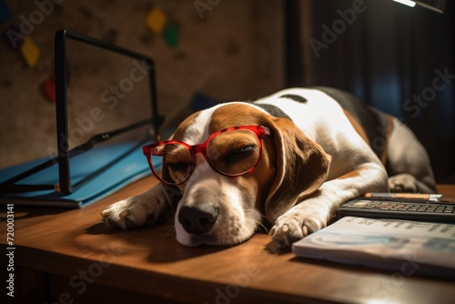 tired dog sleeping working on laptop work from home concept  