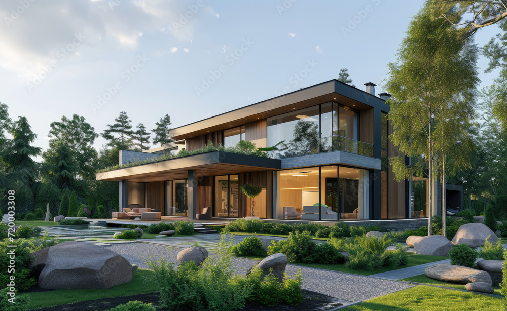 modern house design with garden and grass