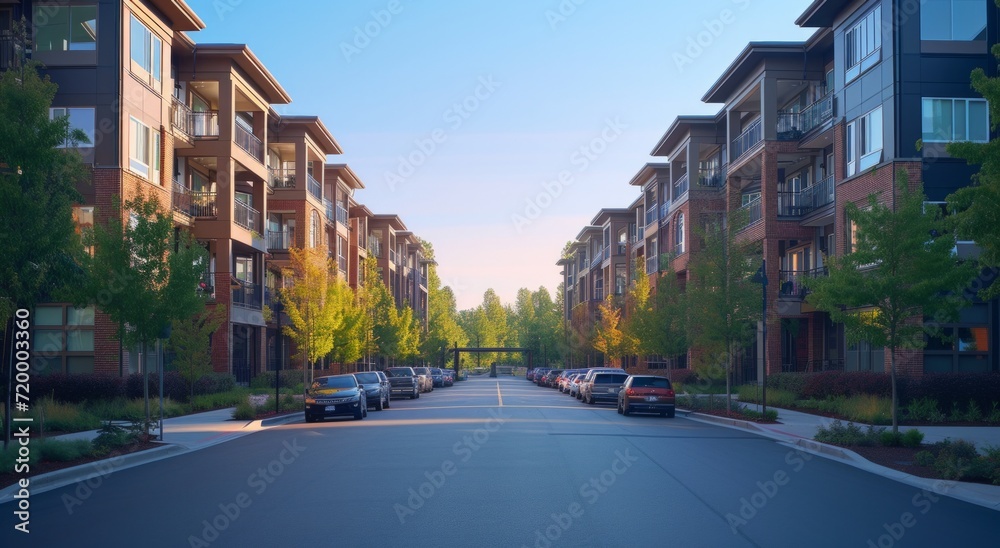 modern apartment complex street scene in the city