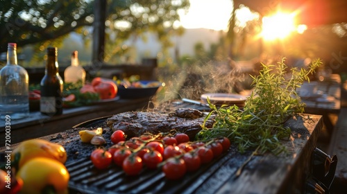BBQ or grilling meats and vegetables outdoors, capturing the essence of outdoor cooking
