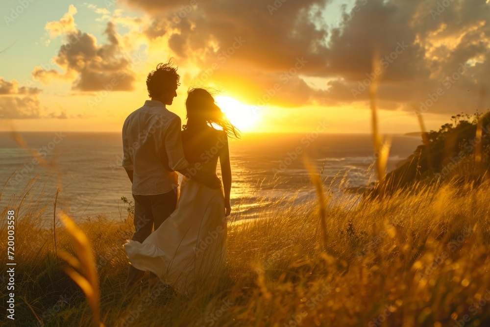 Lovers embraced in a picturesque setting for advertising romance