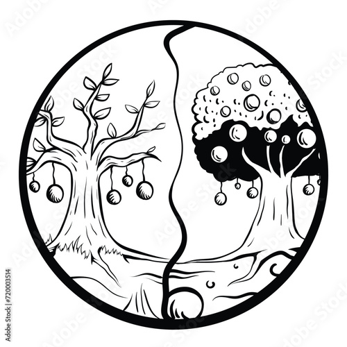 2 side of olive trees in a circle. vector line art black and white illustration