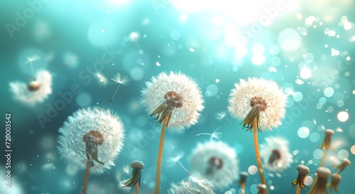 dandelions are flying in front of a blurry background