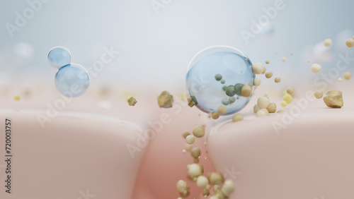 Bubble cleansing foam clear oily and clogged pore while washing face skin. Acne and blackhead prevention concept. 3D rendering. photo