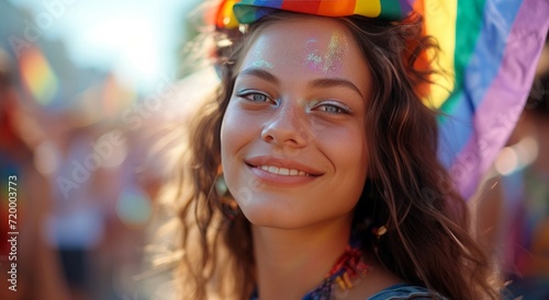 young woman at festival with rainbow flags on her head