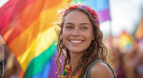 with a rainbow flag as a wind, young woman smiling near the crowd