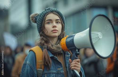 woman holding megaphone during protest outside of tantan studios
