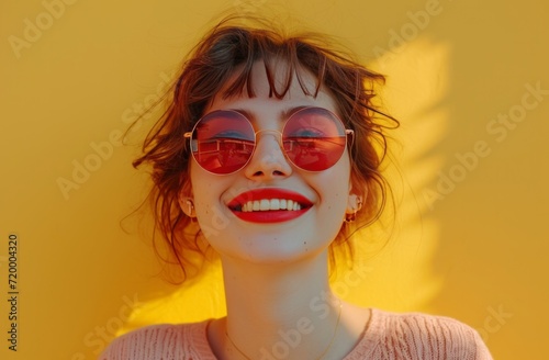 smiling young woman with sunglasses on yellow background