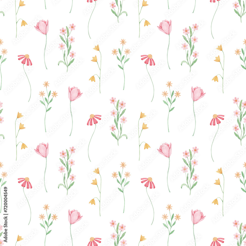 Seamless pattern with watercolor wildflowers. Pink floral background. Cute girly design paper. For printing on wallpaper, scrapbooking, textiles.