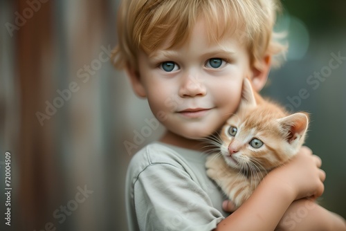 fantastic, whimsical, interesting connection between humans and animals becoming friends. pretty, sweet, adorable little boy holding a kitten. generative AI