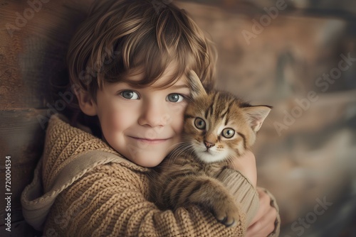 fantastic, whimsical, interesting connection between humans and animals becoming friends. pretty, sweet, adorable little boy holding a kitten. generative AI