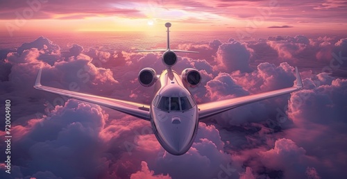 a jet travels through the clouds and sky