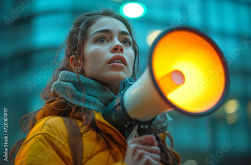 woman holding megaphone during protest outside of tantan studios