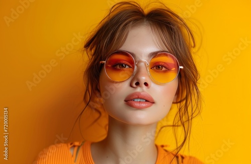 a girl with sunglasses on an orange background