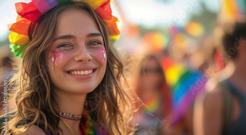 young woman at festival with rainbow flags on her head