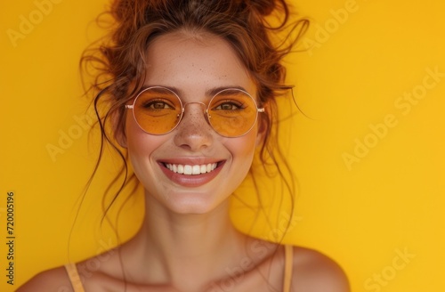smiling young woman with sunglasses on yellow background