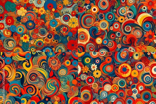 Spirals of retro allure grace the canvas in an abstract illustration, forming a seamless pattern of flowers against a backdrop of lively primary colors.