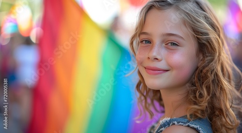 rainbow flag with young girl smiling, candid atmosphere