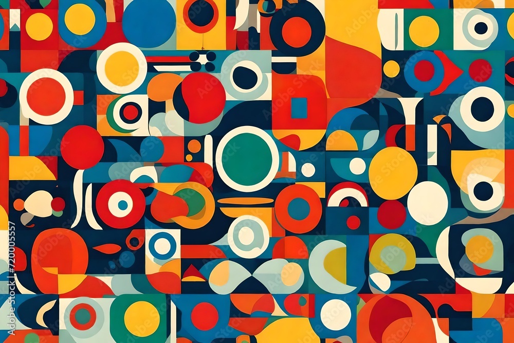 Harmony meets vibrancy as abstract shapes converge in a seamless pattern, bathed in the allure of trendy primary colors in retro style. Harmony meets vibrancy as abstract shapes converge in a seamless pattern, bathed in the allure of trendy primary colors in retro style.