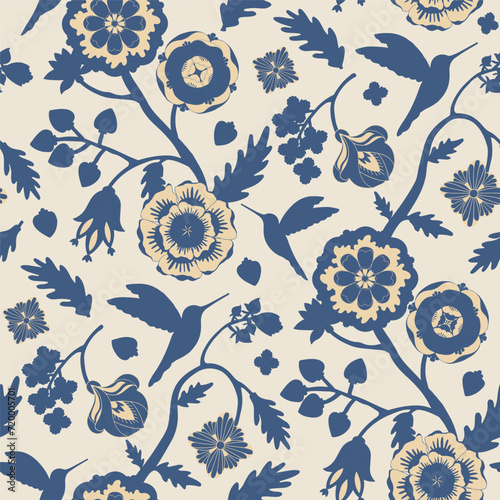 Denim blue flowers and hummingbirds silhouettes seamless pattern. Indian floral style pattern.