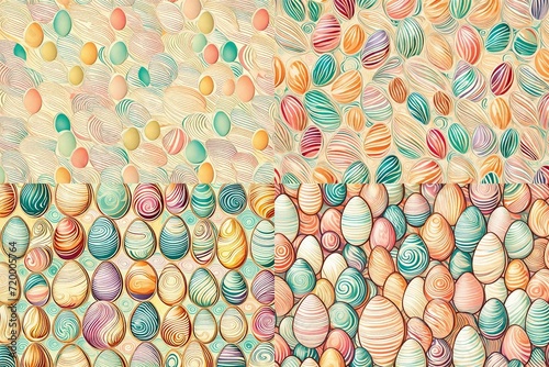 Spirals of retro allure grace the canvas in an abstract illustration  forming a seamless pattern of Easter eggs against a backdrop of delicate pastel colors.