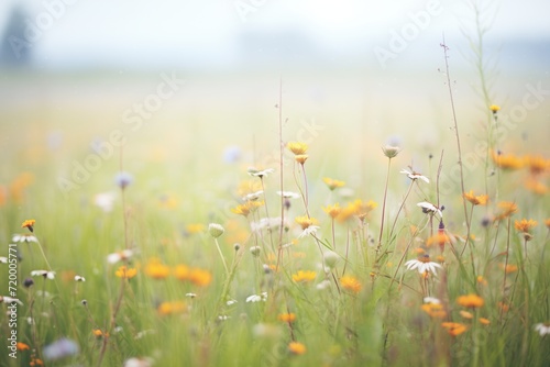 patches of wildflowers poking through pasture mist