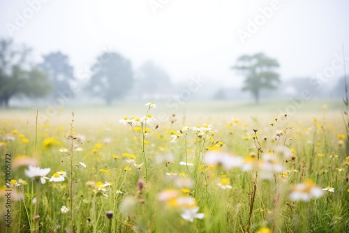 patches of wildflowers poking through pasture mist © studioworkstock