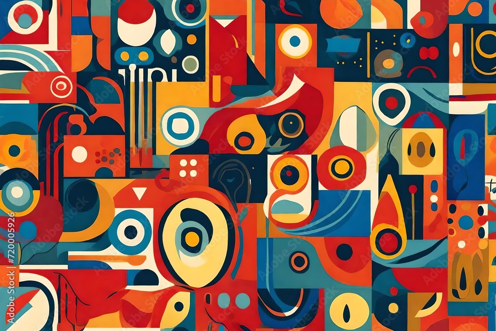 Harmony meets vibrancy as abstract shapes converge in a seamless pattern, bathed in the allure of trendy primary colors in retro style. Harmony meets vibrancy as abstract shapes converge in a seamless pattern, bathed in the allure of trendy primary colors in retro style.