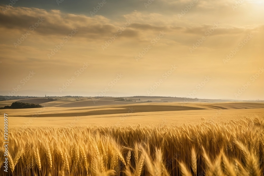 A vast expanse of golden wheat fields, stretching as far as the eye can see. 