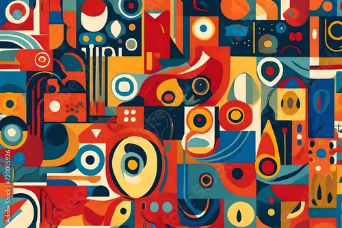 Harmony meets vibrancy as abstract shapes converge in a seamless pattern  bathed in the allure of trendy primary colors in retro style.