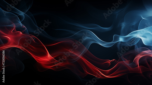 Vivid red and blue smoke intertwine in a dynamic and abstract dance against a pitch-black background. 