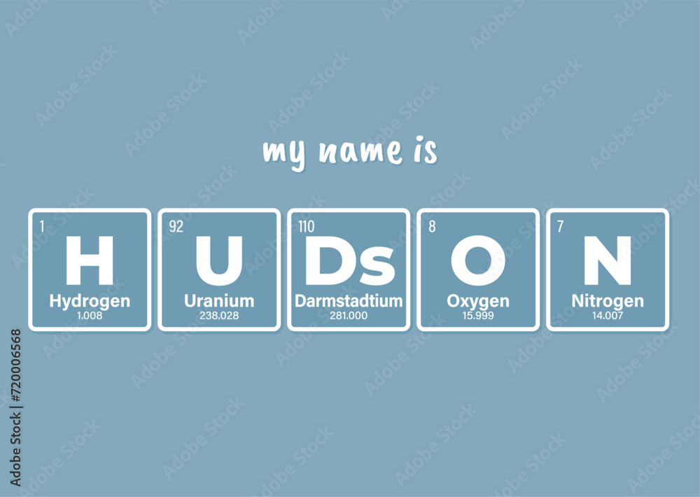 Vector inscription name HUDSON composed of individual elements of the periodic table. Text: My name is. Blue background Vector inscription name HUDSON composed of individual elements of the periodic table. Text: My name is. Blue background