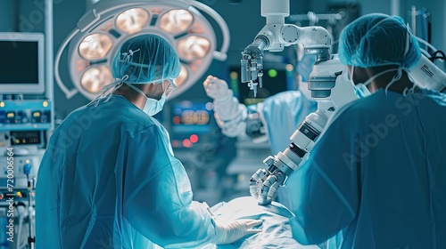 Surgeons Observing High-Precision Programmable Automated Robot Arms Operating Patient In High-Tech Hospital. Robotic Limbs Performing Complicated Nanosurgery, Doctors Looking At Vitals On Monitor.