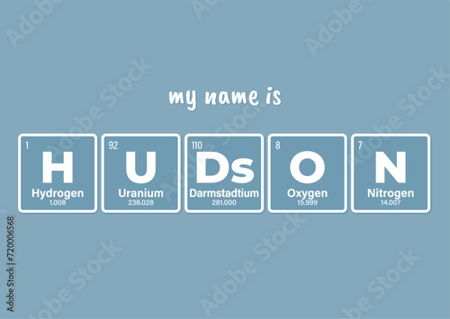 Vector inscription name HUDSON composed of individual elements of the periodic table. Text: My name is. Blue background