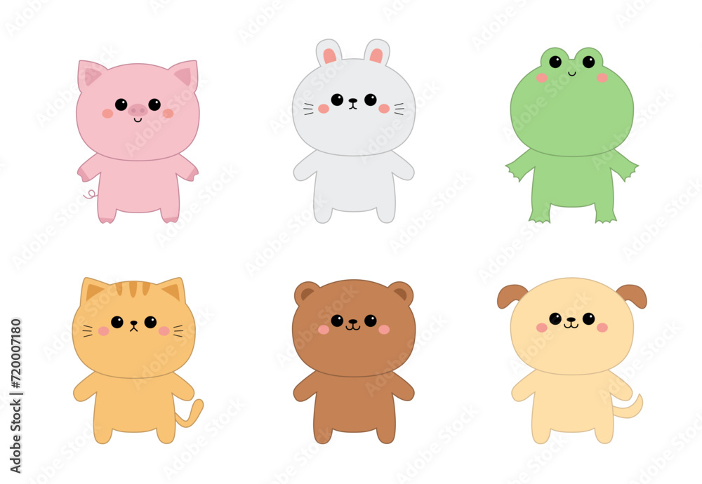 Fototapeta premium Bear, dog puppy, pig, frog, cat kitten kitty, rabbit bunny hare standing. Cute face icon set. Cartoon kawaii animal character. Funny baby. Contour line doodle. Love card. Flat design. White background