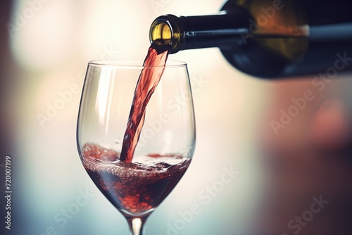 pouring red wine from bottle to glass, closeup of the neck