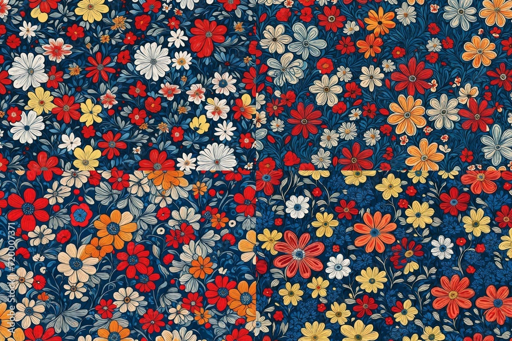 Whirling flowers come alive in a retro-style print, forming a seamless pattern that exudes creativity against a backdrop of trendy primary colors. Whirling flowers come alive in a retro-style print, forming a seamless pattern that exudes creativity against a backdrop of trendy primary colors.
