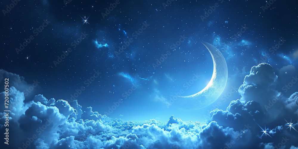 a crescent with blue clouds and a star in the sky, in the style of detailed dreamscapes, realistic usage of light and color