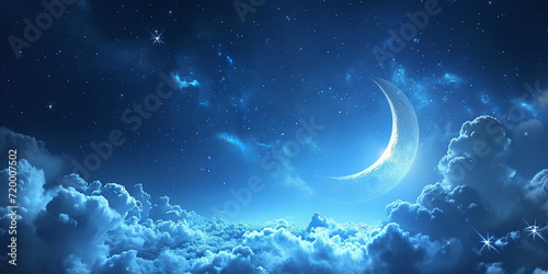a crescent with blue clouds and a star in the sky, in the style of detailed dreamscapes, realistic usage of light and color photo