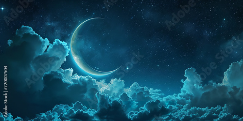 a crescent with blue clouds and a star in the sky  in the style of detailed dreamscapes  realistic usage of light and color
