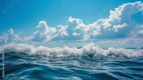 a large body of water with a wave coming up from the top of the water and the bottom of the water with a light blue sky in the back ground