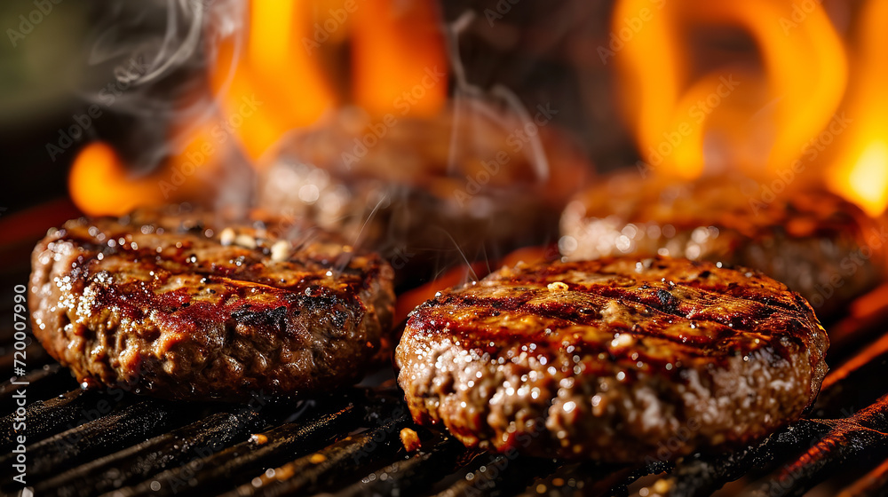 Juicy beef hamburger patties sizzling over hot flames on the barbecue Juicy beef hamburger patties sizzling over hot flames on the barbecue