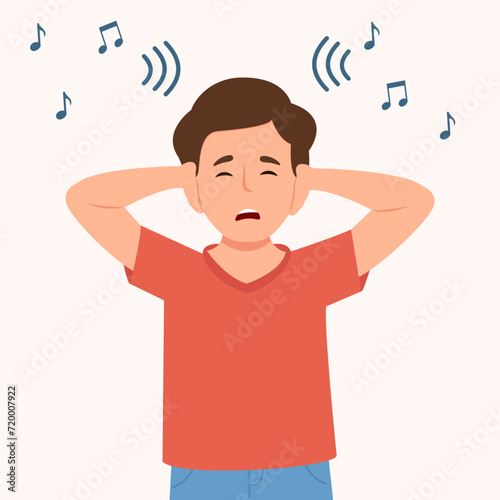 Irritated toddler covering her ears not to hear loud noises or music. Vector illustration