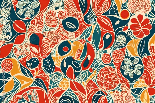 Elegance meets creativity as organic shapes converge in a seamless pattern, capturing the essence of retro aesthetics with a lively primary color background.
