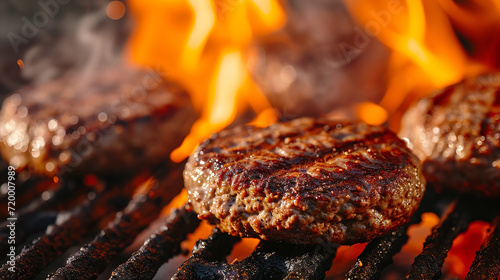 Juicy beef hamburger patties sizzling over hot flames on the barbecue photo