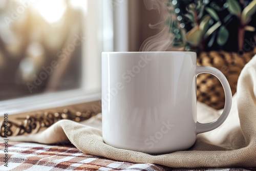 mockup of a plain white 11oz straight mug with steam, close up with a cozy spring neutral background