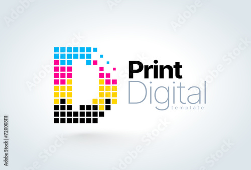 Logo Digital Print. Letter D it consists of colored squares. CMYK Printing theme. Template design vector. White background.