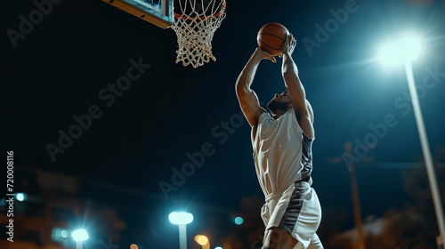 Multiethnic Basketball Player in a White Uniform Catching Pass And Dribbling Past Defence to Score © Nate